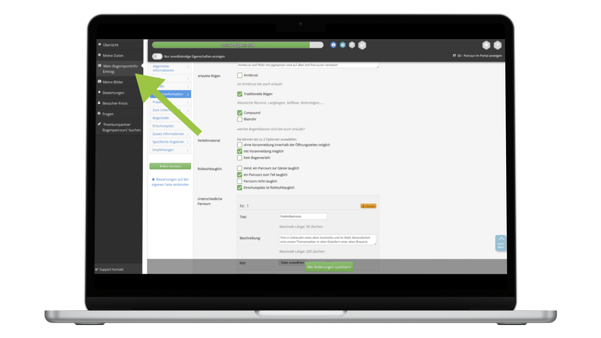 Eigenschaften f&uuml;r meinen Bogensport-Eintrag ausf&uuml;llen