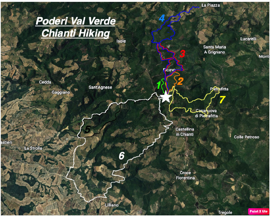 Einkaufen: Wanderkarte für 7 Rundweg ab der Haustüre mg construzioni(teilweise auch für Mountainbike) - Poderi Val Verde  - Chianti 3D Archery